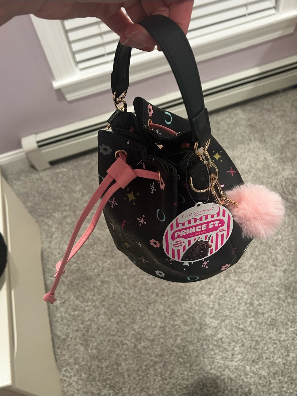 FAO Schwarz Black & Pink Mini Bucket Bag with Pom Charm